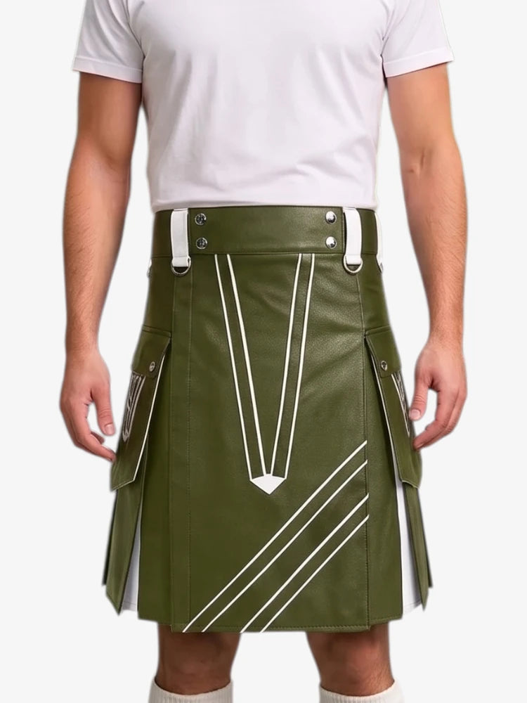 An olive green faux-leather kilt with white geometric stripe accents, worn by a model in a white t-shirt against a light gray background.