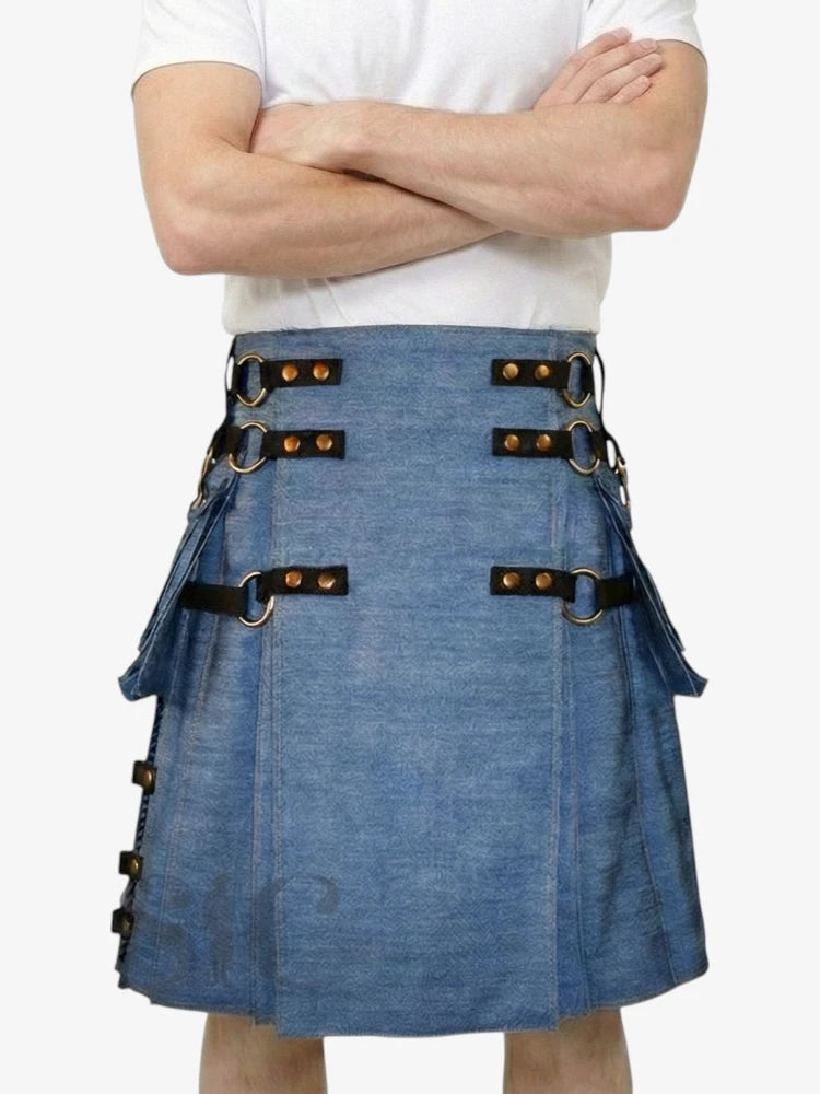 Adjustable Strap Blue Denim Kilt