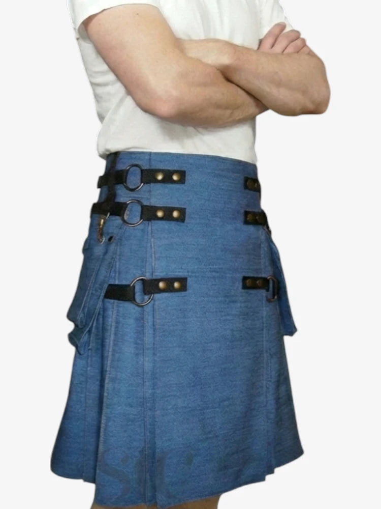 Adjustable Strap Blue Denim Kilt