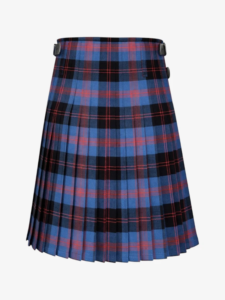 Plaid kilt with blue, red, and black pattern on a white background