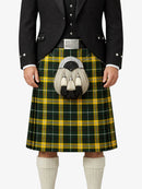Person wearing a traditional Scottish kilt with a tartan pattern on a white background