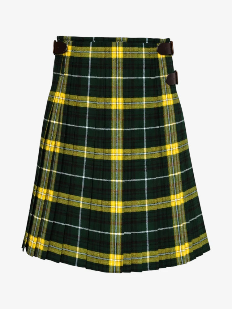 Green and yellow plaid kilt with a belt on a white background