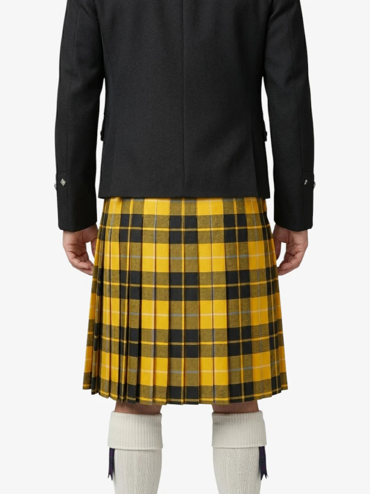 Person wearing a black coat and yellow plaid kilt on a white background