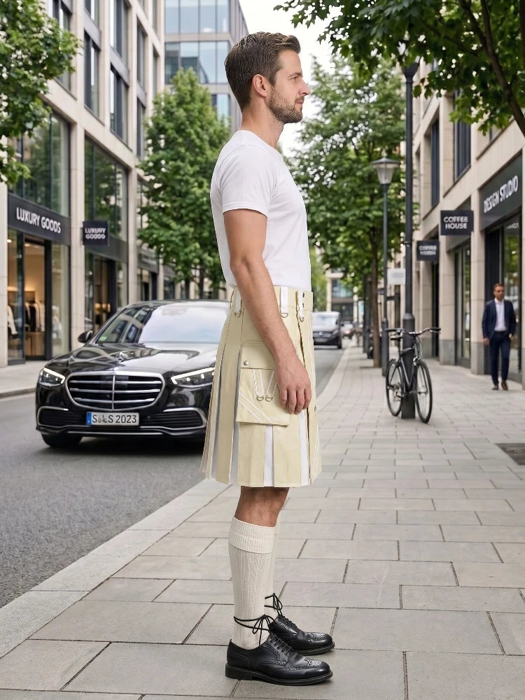 Beige And White Leather Hybrid Utility Kilt Right