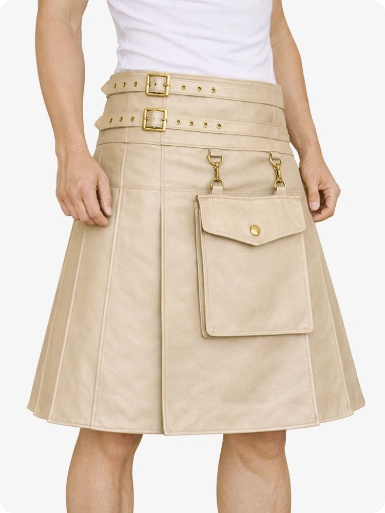 Beige Cream Leather Utility Kilt with Front Pocket & Adjustable Buckle Straps