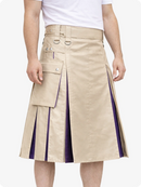 Beige skirt with purple accents worn by a person on a white background