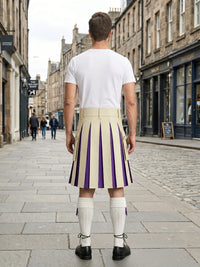 Beige Leather Kilt With Purple Pleats Back Side