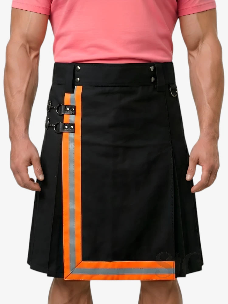 Black Firefighter Kilt With Orange Stripes