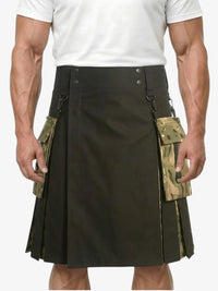 Black kilt with camouflage pockets worn by a person on a white background