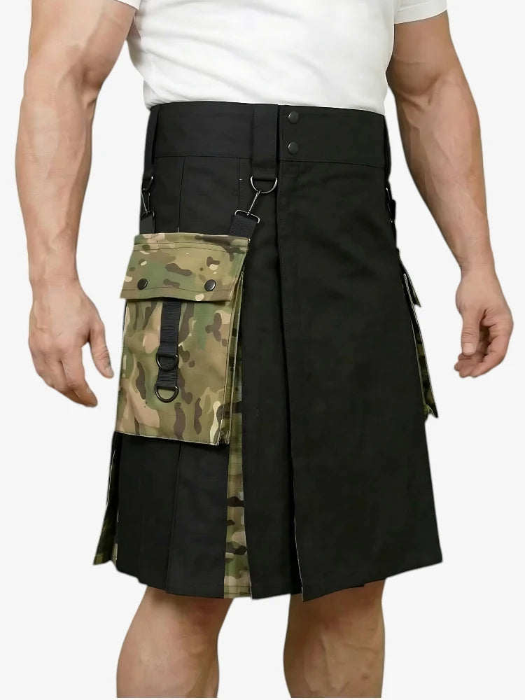 Black Hybrid Kilt with Camo Side Pockets
