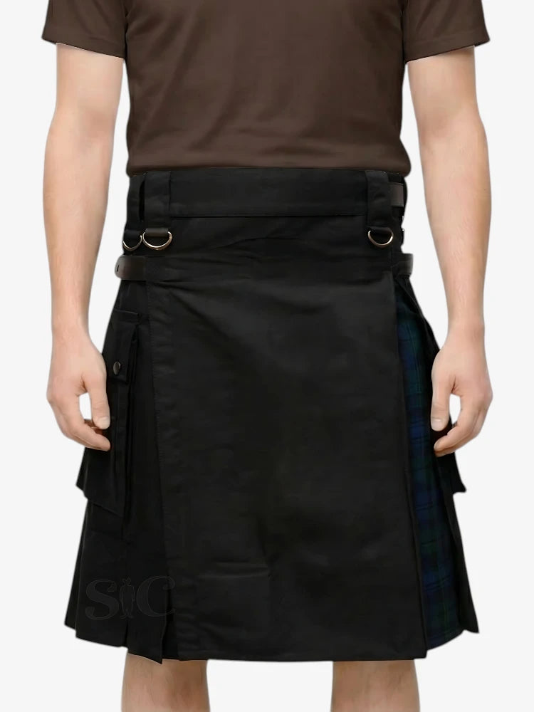Black Hybrid Kilt with Tartan Pleats
