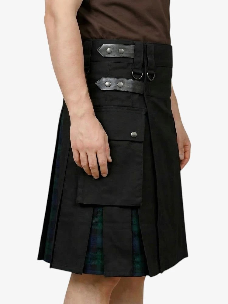 Black Hybrid Kilt with Tartan Pleats