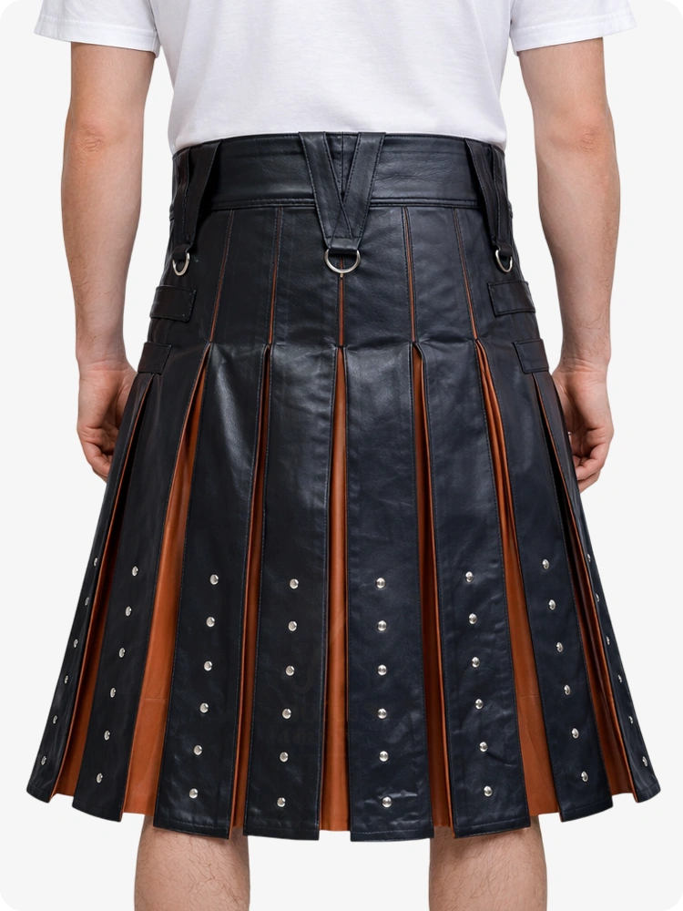 Black pleated skirt with brown accents worn by a person on a white background