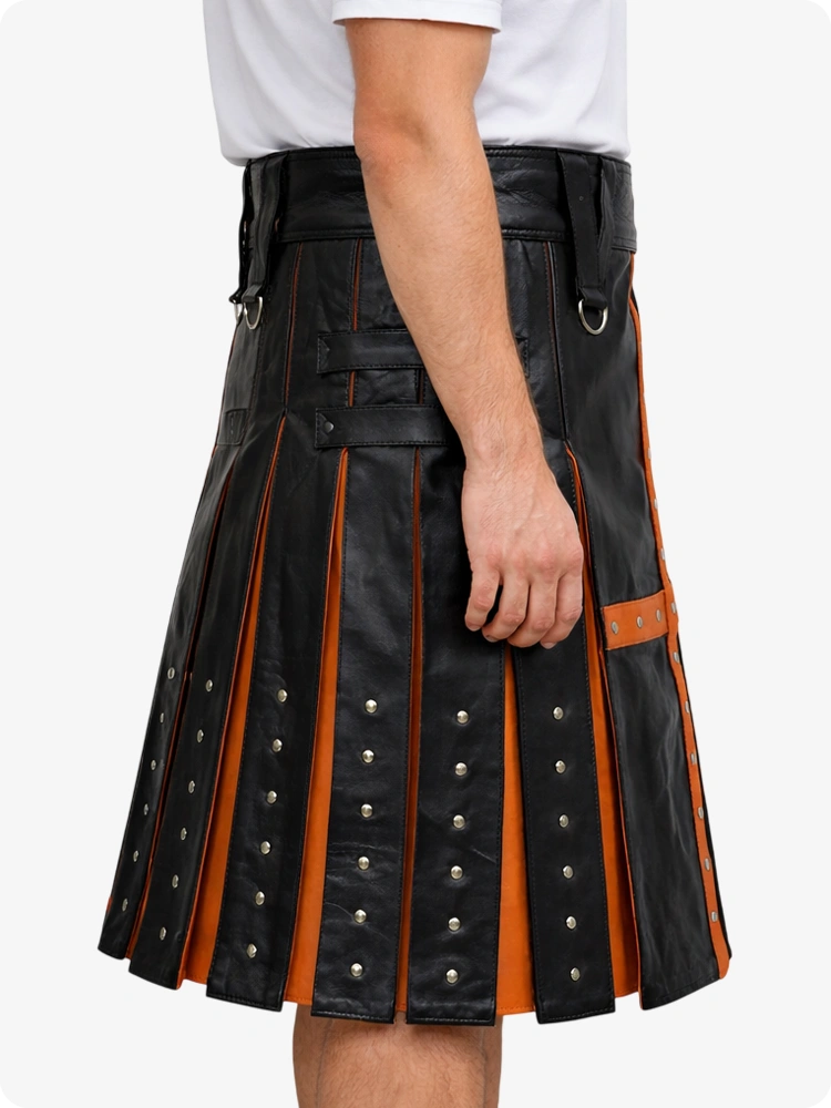 Black Leather Utility Kilt with Brown Cross Panel & Metal Rivet Detailing