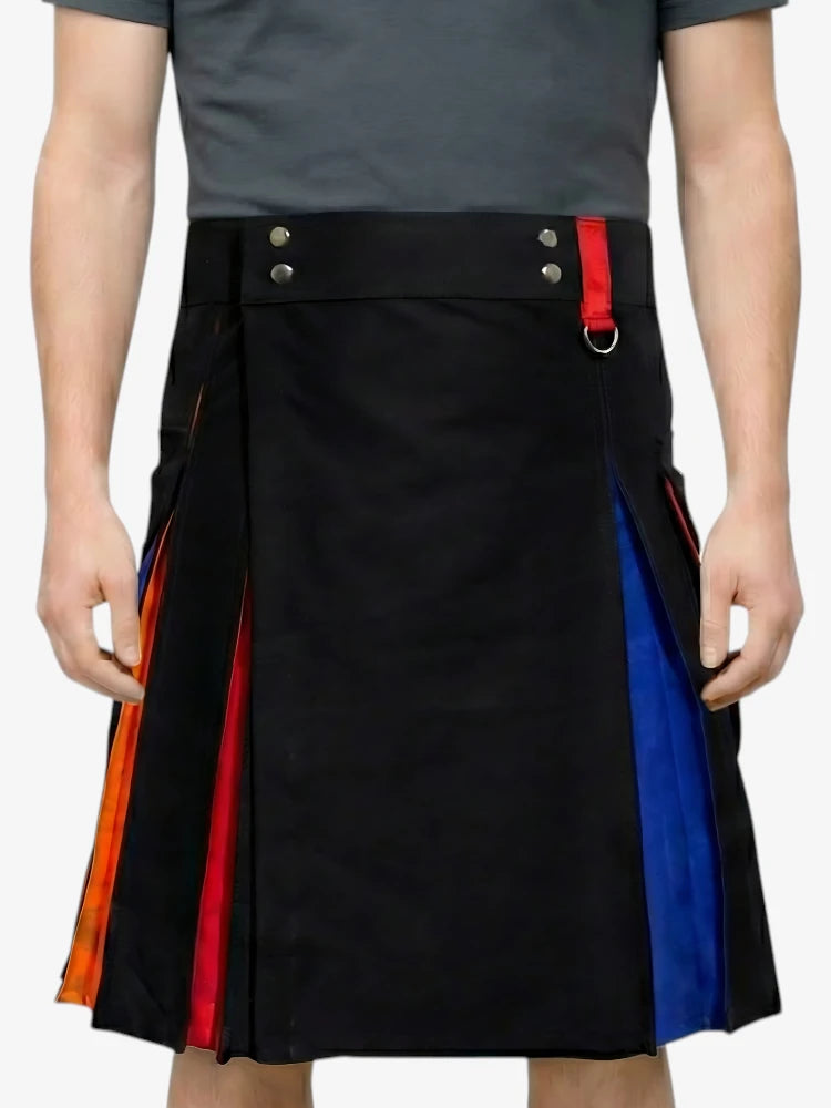 Black Rainbow Kilt with Red & Blue Pleats