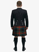 Person wearing a black prince charlie jacket and tartan black stewart tartan kilt on a white background