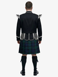 Person wearing a black doublet jacket with white accents and a black watch plaid tartan kilt on a white background