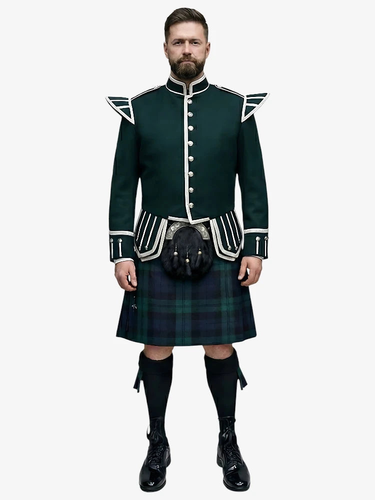 Black Watch Tartan Doublet Kilt Outfit with Dark Green Jacket