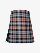 Plaid kilt with pink, black, and white pattern on a white background