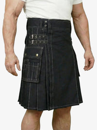 Person wearing a black kilt on a white background