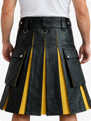 Black leather kilt with yellow accents worn by a person on a white background