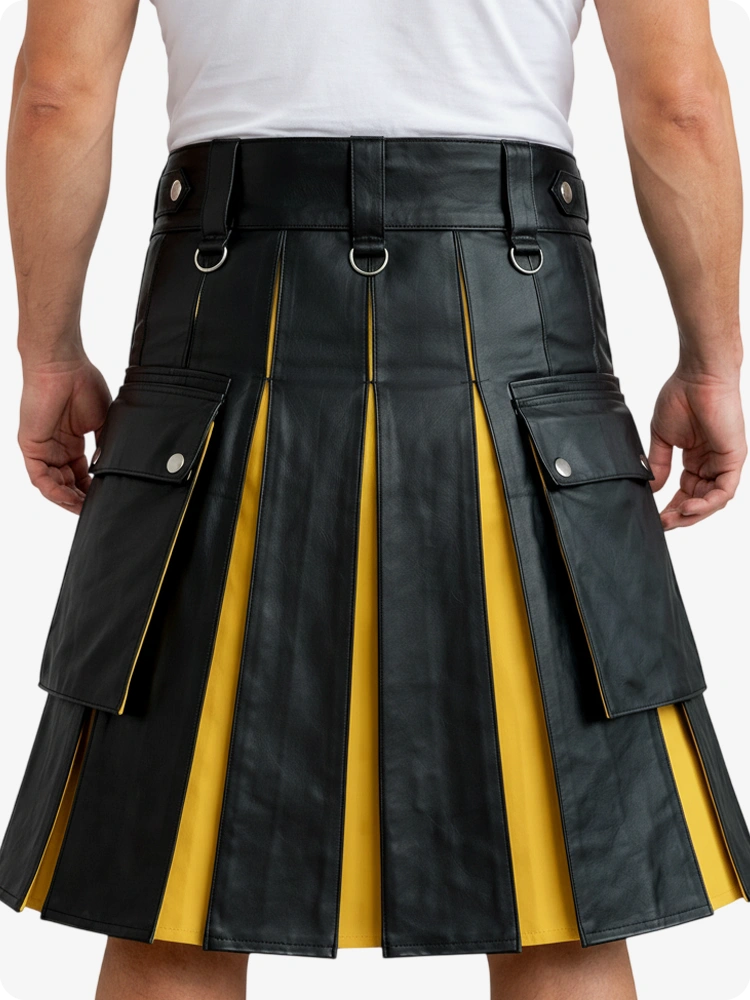 Black leather kilt with yellow accents worn by a person on a white background