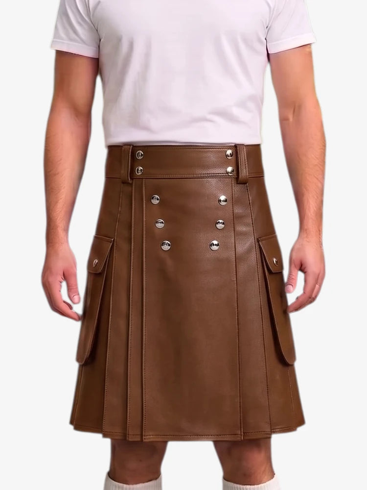 A brown faux-leather kilt with silver-tone double-breasted buttons and side flap pockets, shown on a model wearing a white t-shirt against a light gray background.