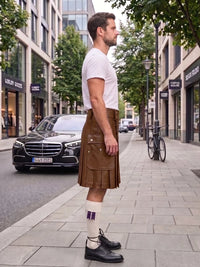 A man standing on a city sidewalk wearing a brown pleated kilt, white t-shirt, white socks, and black leather oxford shoes, with a street scene and parked cars in the background.
