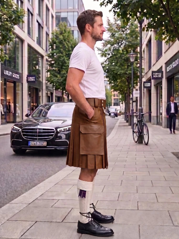 A man standing on a city sidewalk wearing a brown leather kilt, white t-shirt, white socks, and black leather shoes, with a street scene in the background.