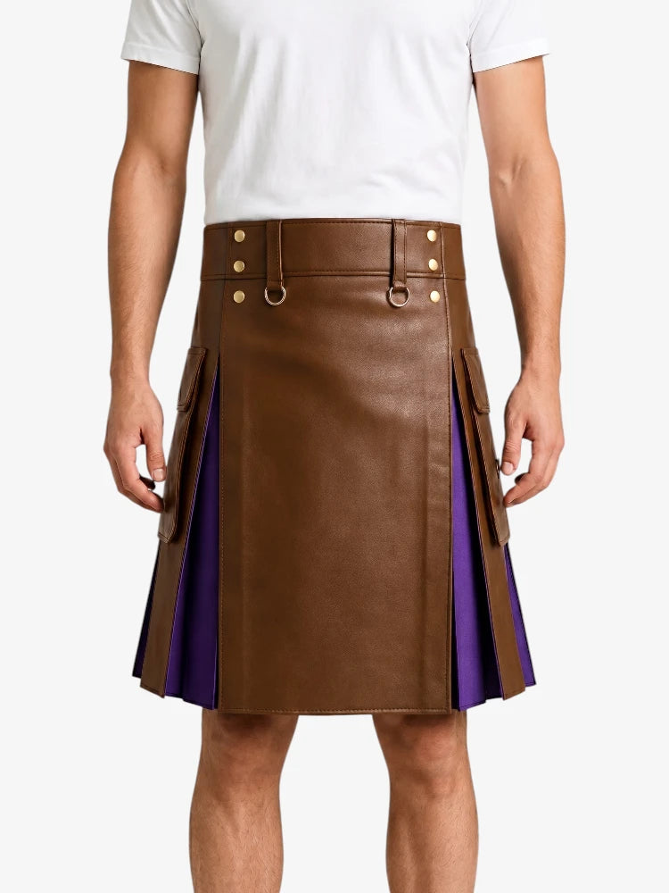Brown Leather Kilt With Purple Pleats