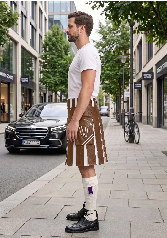 Brown and White Leather Hybrid Utility Kilt left side
