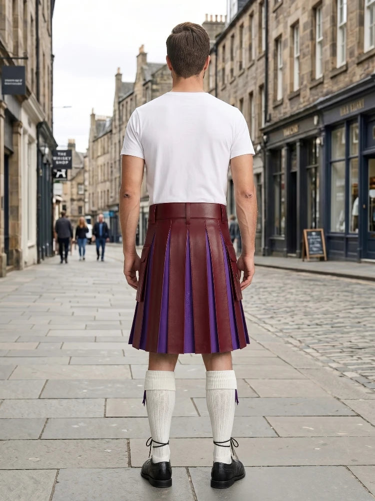 Burgundy Leather Kilt With Purple Pleats