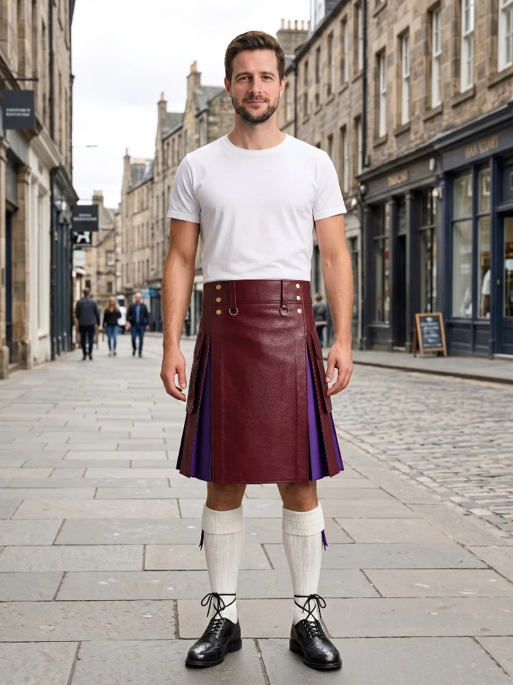 Burgundy Leather Kilt With Purple Pleats