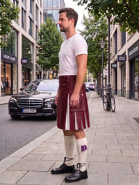 A man standing on a city sidewalk wearing a burgundy leather kilt, white t-shirt, white knee-high socks, and black leather shoes, with a Mercedes-Benz and storefronts in the background.