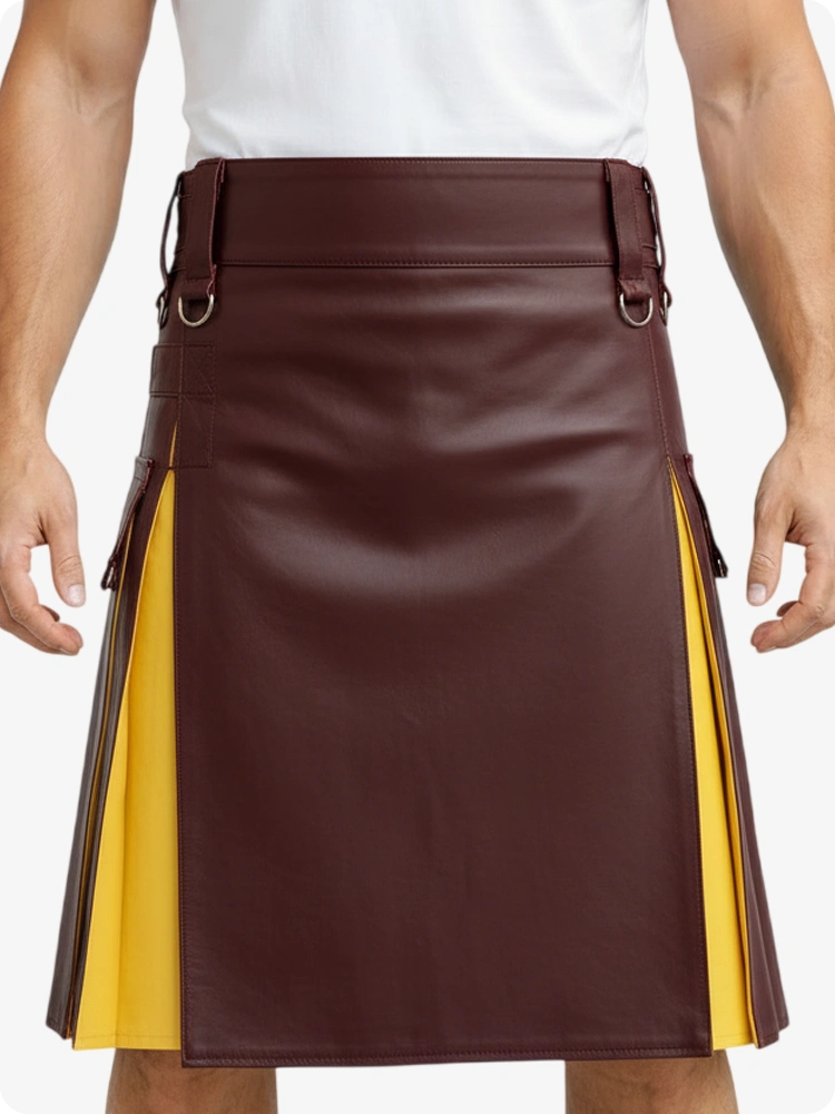 Burgundy & Yellow Leather Utility Kilt with Cargo Pockets