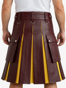 Brown leather kilt with yellow accents worn by a person on a white background