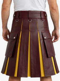 Brown leather kilt with yellow accents worn by a person on a white background