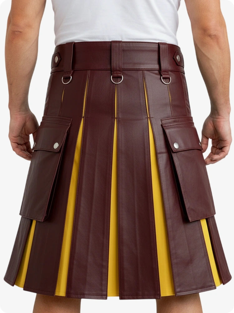 Brown leather kilt with yellow accents worn by a person on a white background