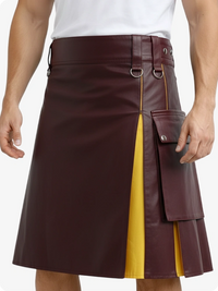 Brown leather kilt with yellow lining worn by a person on a white background