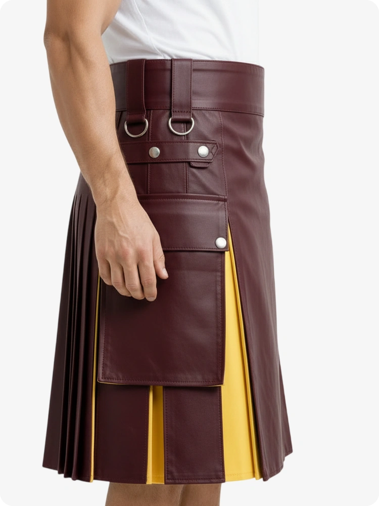 Burgundy & Yellow Leather Utility Kilt with Cargo Pockets
