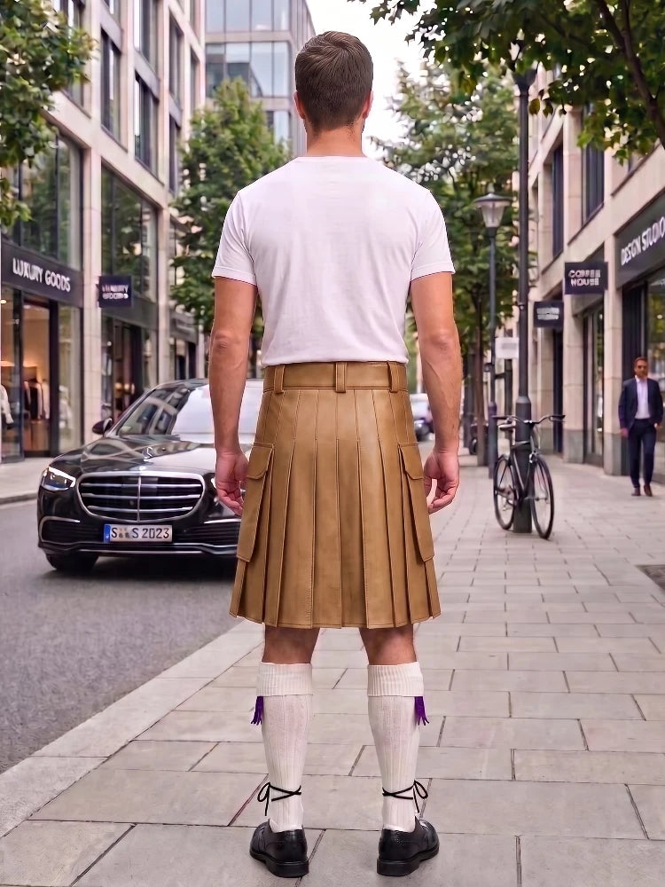 Camel Leather Kilt For Men Tactical Utility Kilts