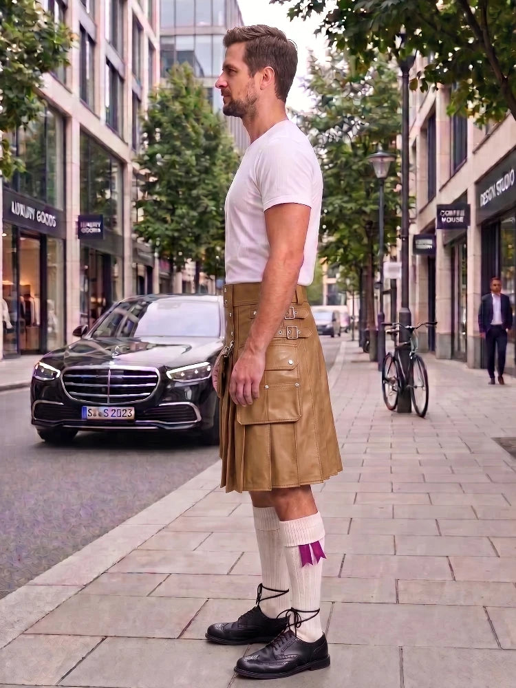 A man standing on a city sidewalk wearing a tan leather kilt, white t-shirt, white knee-high socks with a purple bow, and black shoes. A black Mercedes-Benz car is parked on the street behind him.