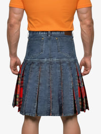 Person wearing an orange shirt and a blue denim kilt with red tartan lining on a white background