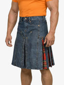 Person wearing a blue denim kilt with plaid accents on a white background