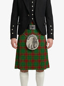 Person wearing a black jacket and red plaid kilt with a silver sporran on a white background