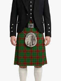 Person wearing a black jacket and red plaid kilt with a silver sporran on a white background