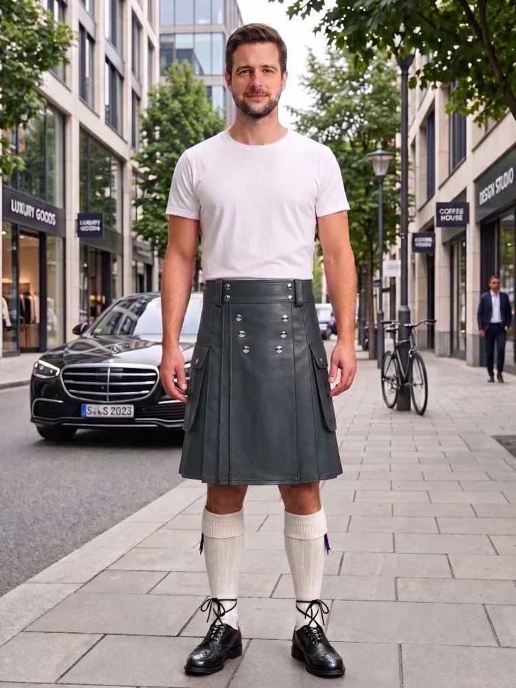 Charcoal Cow Leather Utility Kilts for Men
