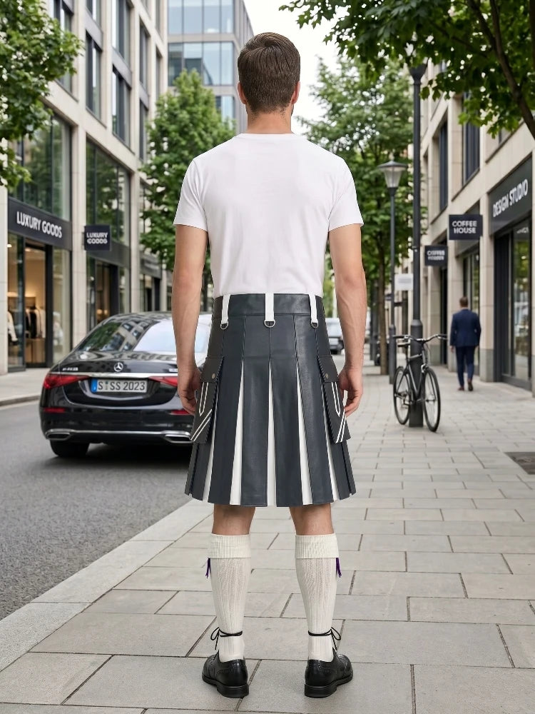 Charcoal And White Leather Hybrid Utility Kilt
