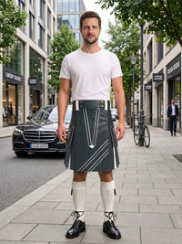 Charcoal And White Leather Hybrid Utility Kilt Front