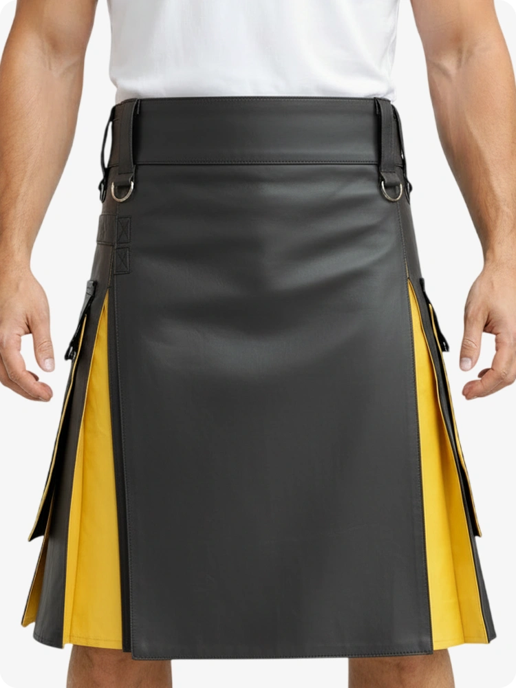 Charcoal & Yellow Leather Utility Kilt with Cargo Pockets